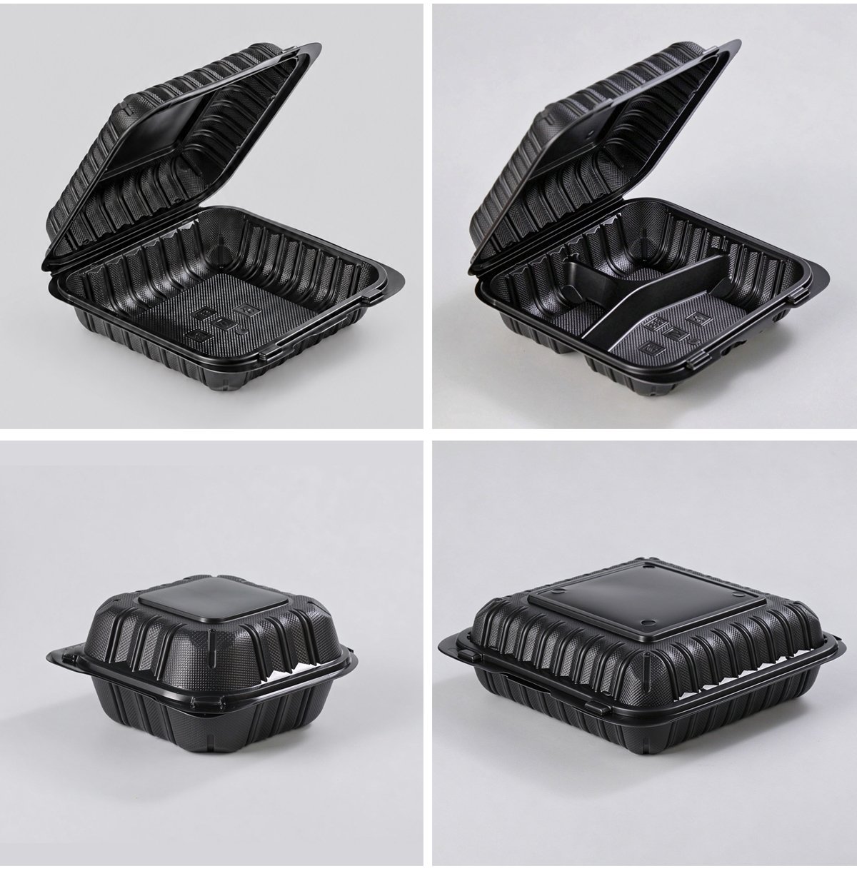 Black hinged-lid containers open and closed, single and 3-compartment