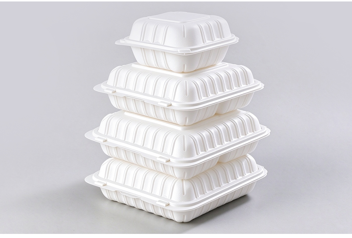 Stack of white hinged-lid containers in different sizes