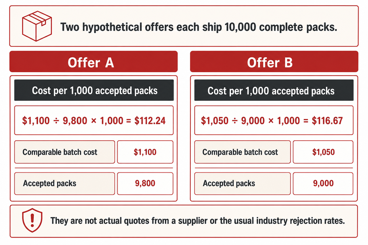 Hypothetical offers show why a lower batch invoice can produce a higher cost per accepted pack.
