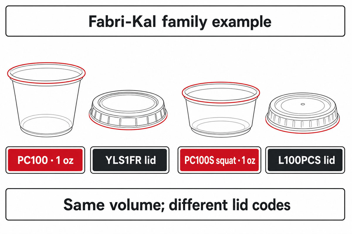 Fabri-Kal PC100 and PC100S are both 1 oz but require YLS1FR and L100PCS lids respectively.