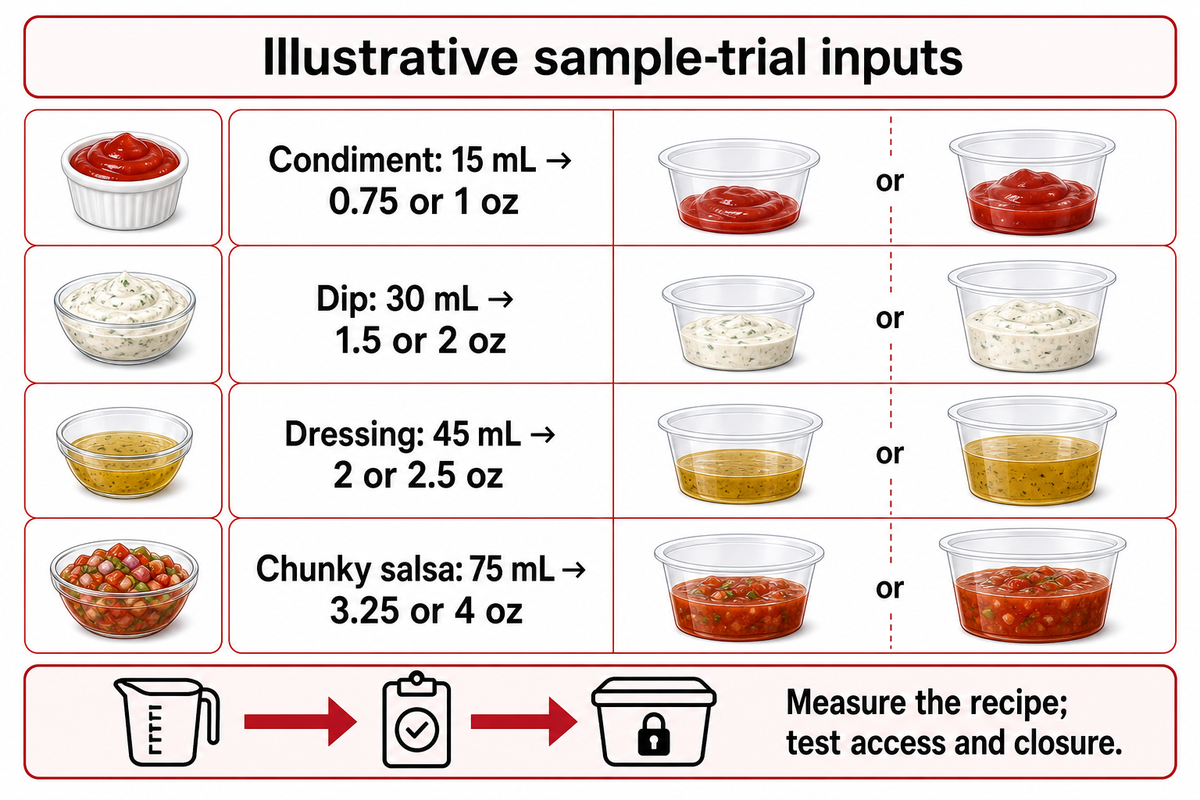 Illustrative 15, 30, 45 and 75 mL servings lead to candidate trials; the actual food and closure determine fit.