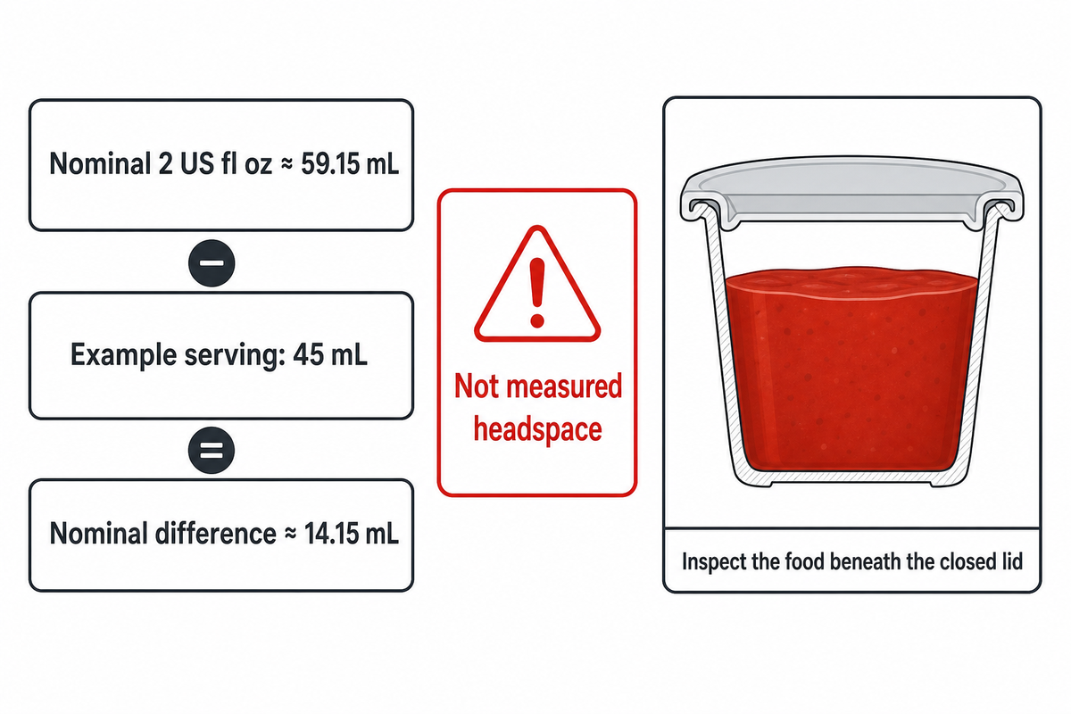 A 45 mL serving leaves about 14.15 mL nominal difference in a 2 US fl oz cup, not measured physical headspace.