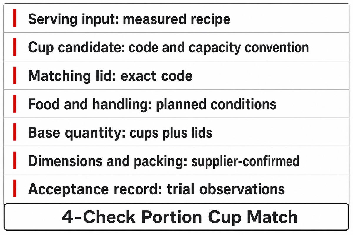 A complete quote records the serving, cup, lid, use conditions, separate quantities, packing and trial approval.