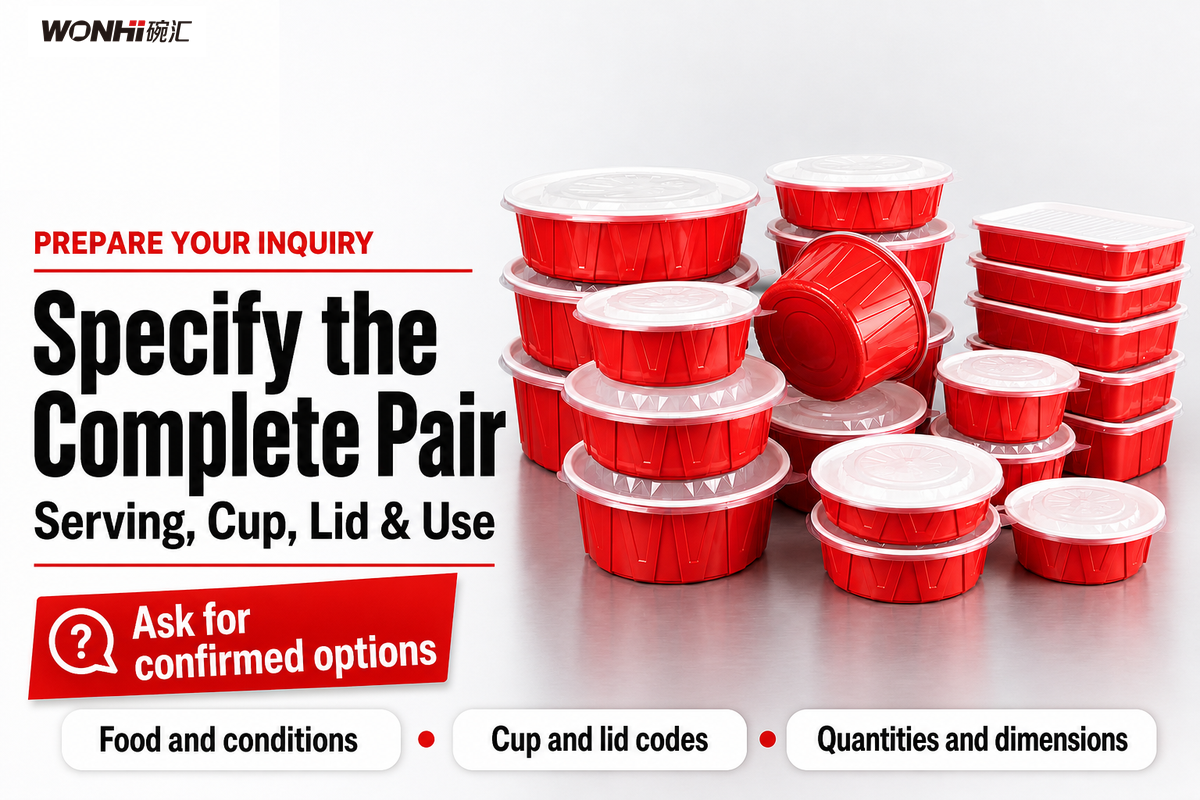 Send serving, food, handling conditions, cup and lid codes, quantities and meal-package dimensions for an inquiry.