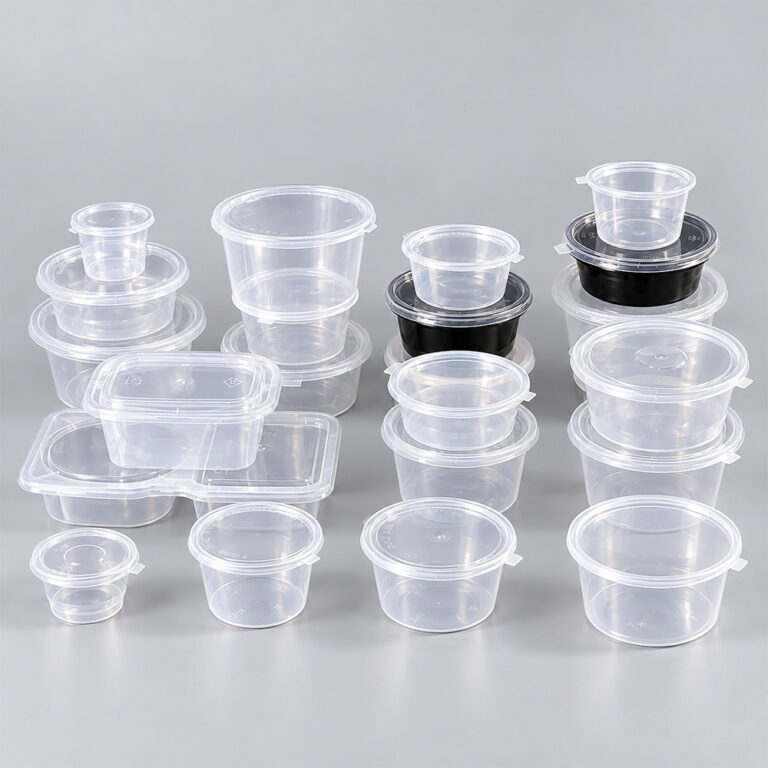 Assorted clear PP sauce cups with lids in several sizes