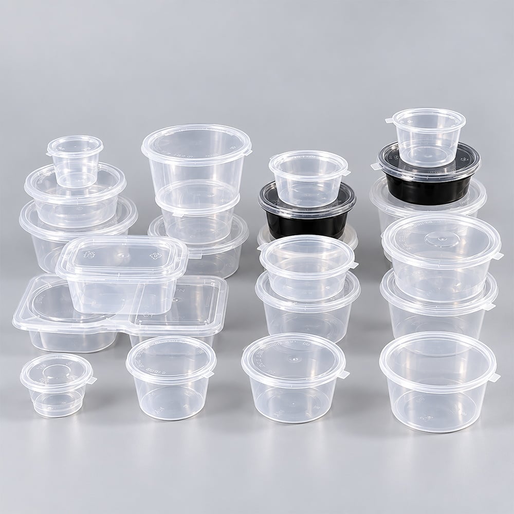 Assorted clear PP sauce cups with lids in several sizes