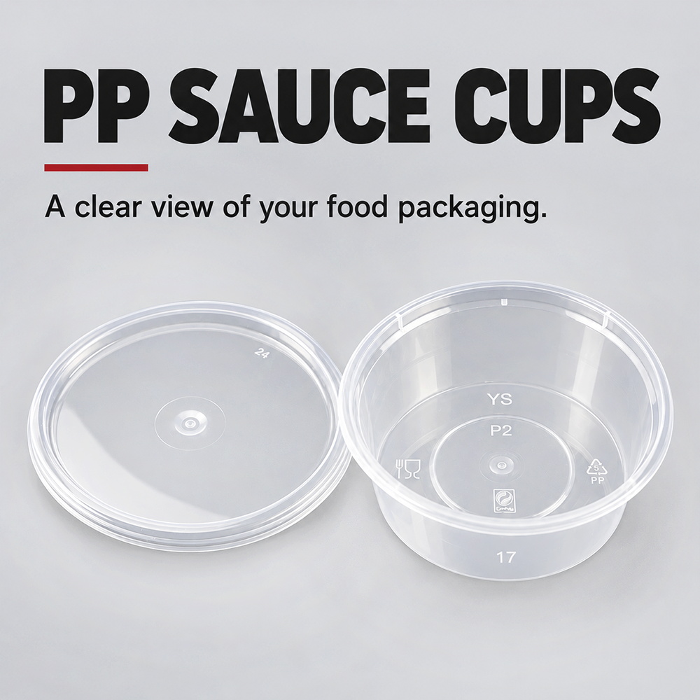 Clear PP sauce cup beside its separate lid