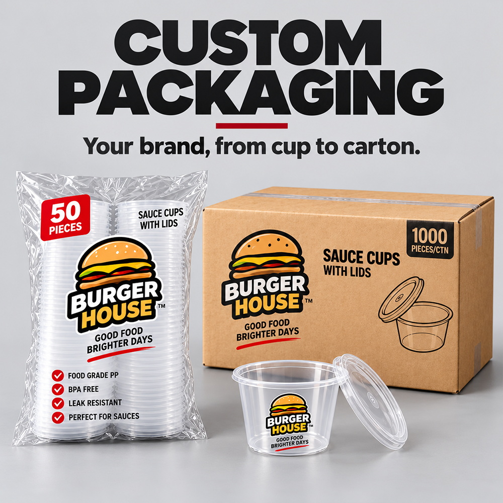 Custom branded sauce cups with printed retail bag and carton