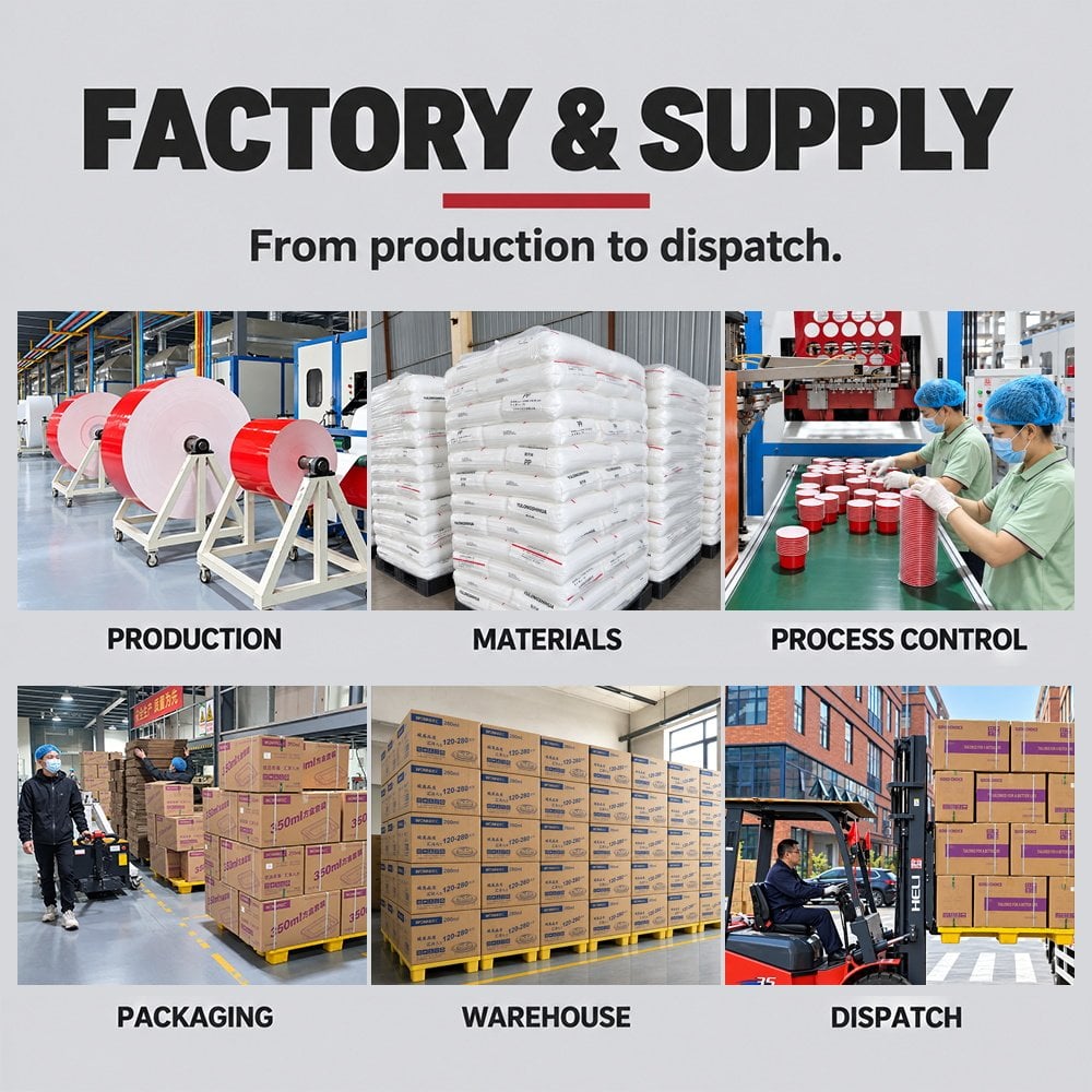 Factory production, materials, packaging, warehouse and dispatch photo collage