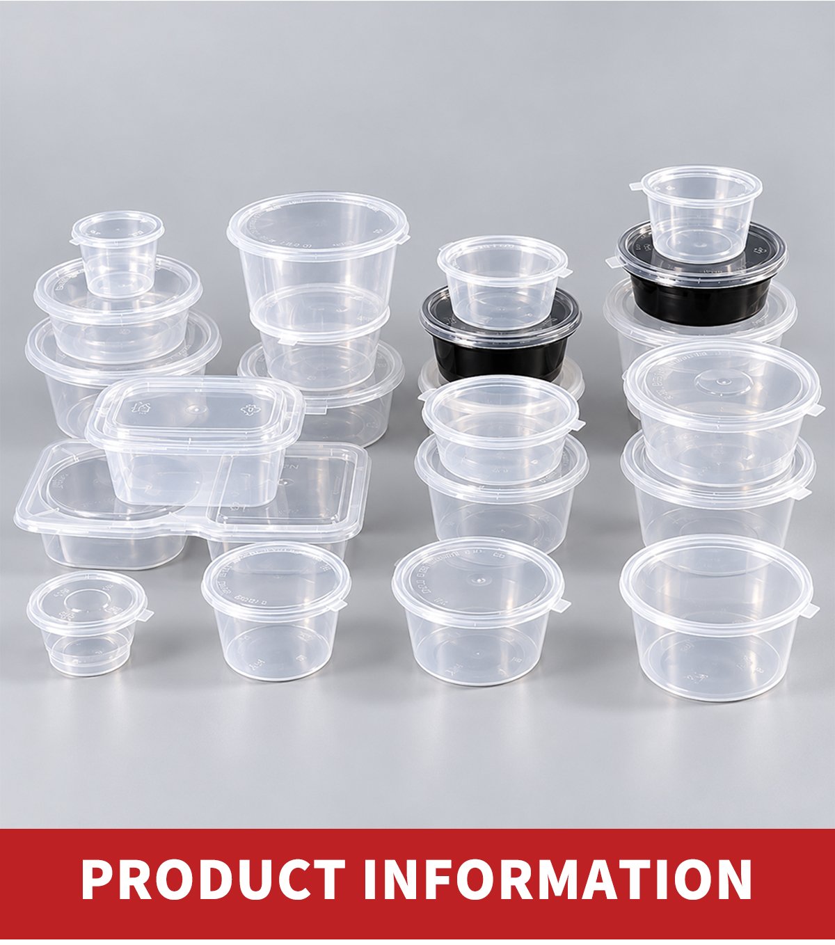 Group of clear PP sauce cups and deli containers with lids