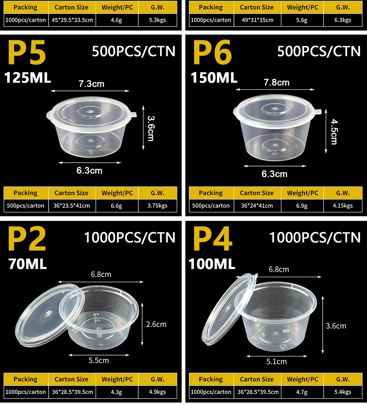 Specification cards for 70 ml to 150 ml sauce cups