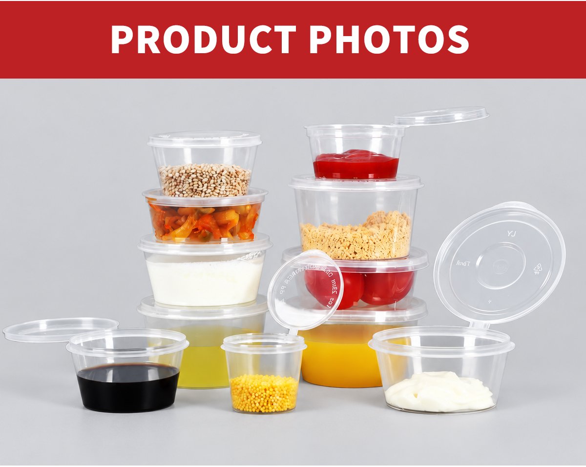 Sauce cups filled with ketchup, soy sauce, mayonnaise and snacks