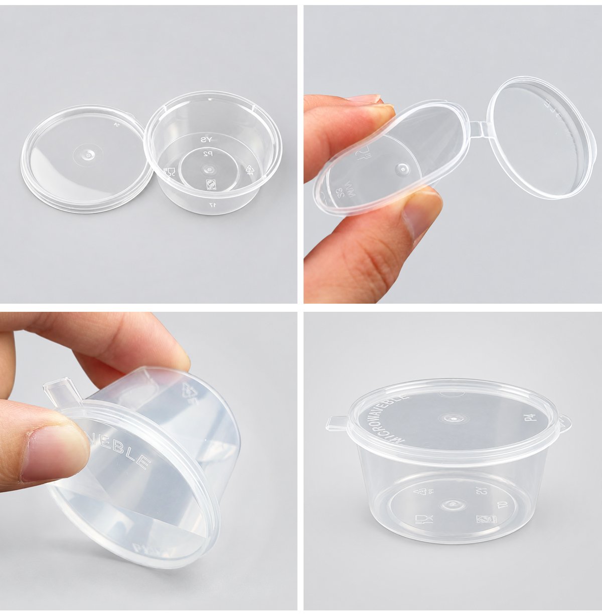 Close-ups of sauce cup lids, hinges and embossed base marks