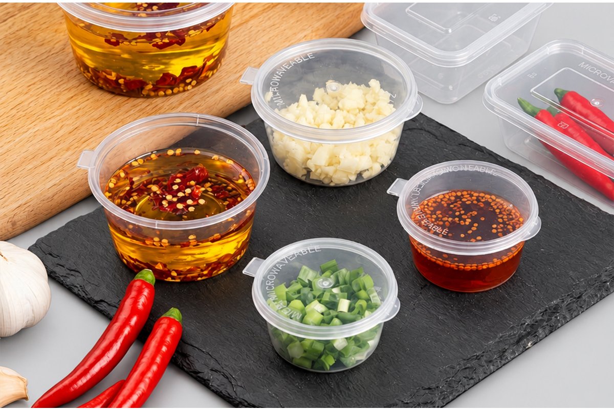 Hinged sauce cups holding chili oil, garlic and scallions