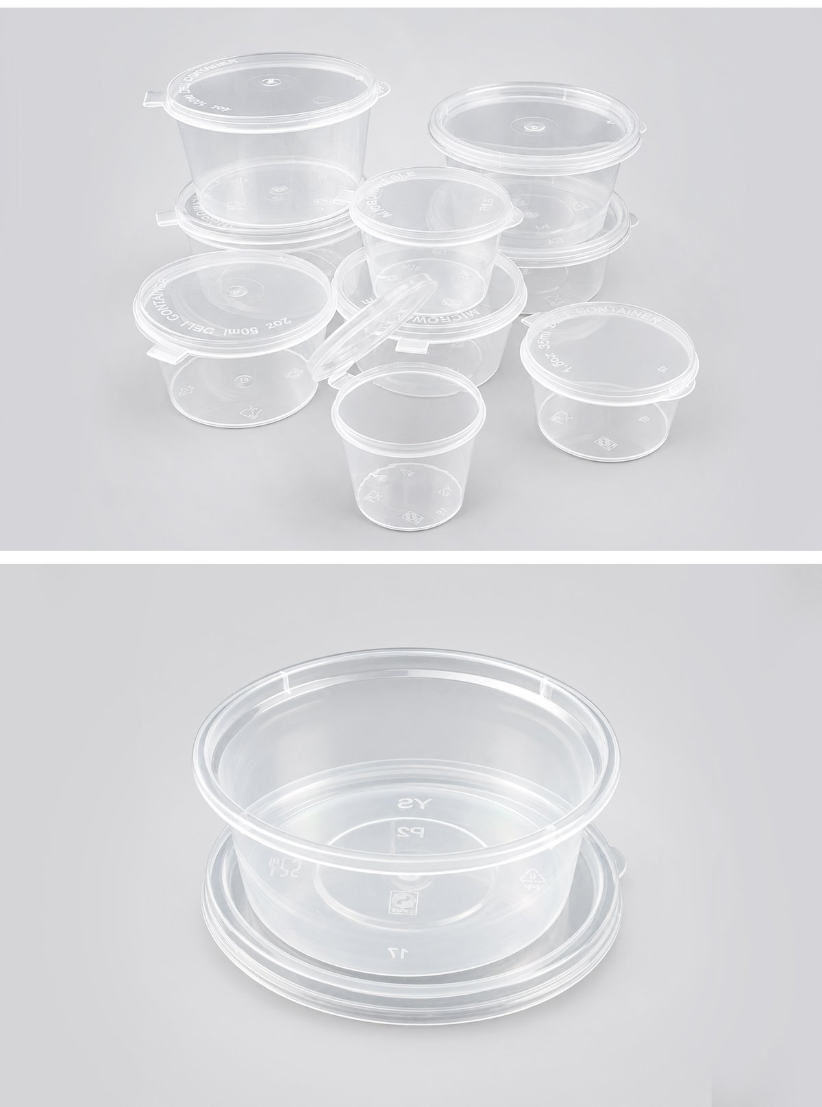 Stacked clear deli sauce cups and a cup with lid