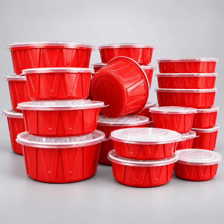 Stacked red disposable round bowls with clear lids in assorted sizes