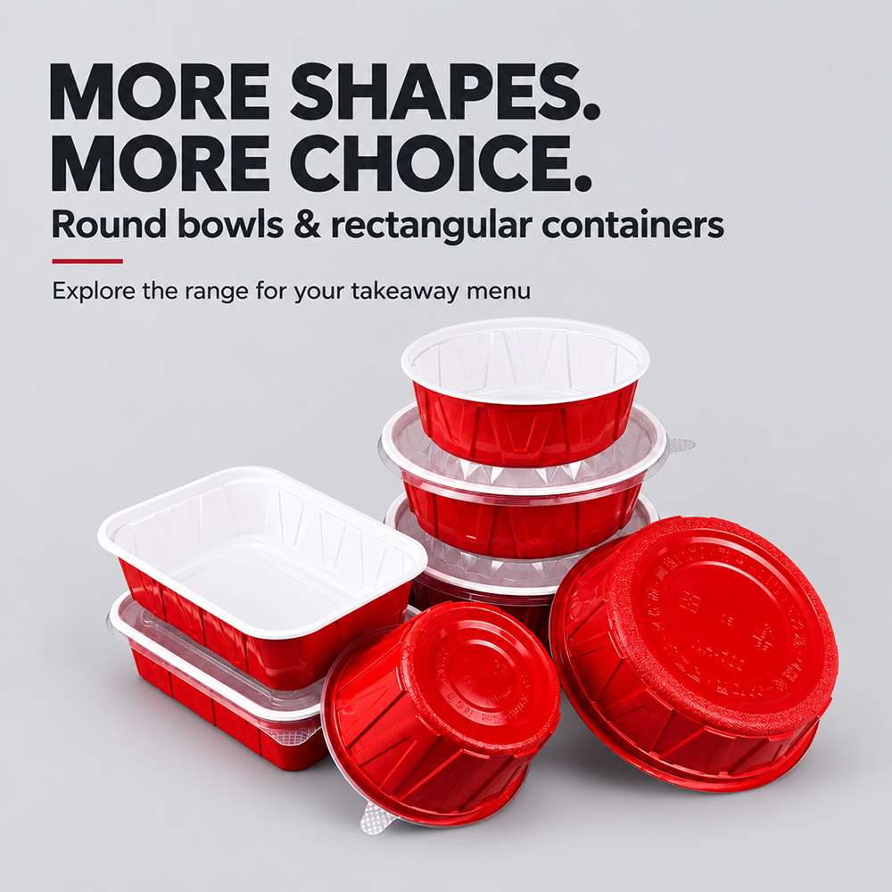 Red and white round bowls and rectangular containers with lids