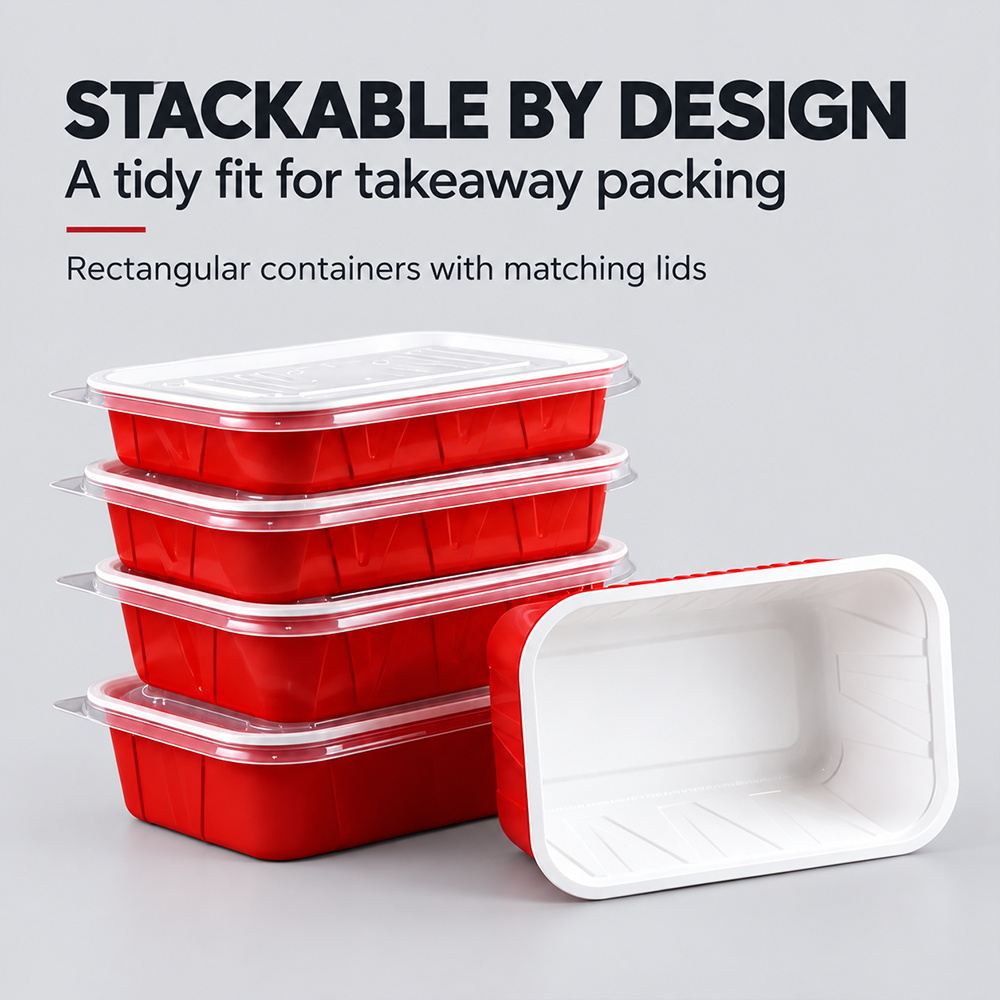 Stacked red rectangular takeaway containers with clear lids