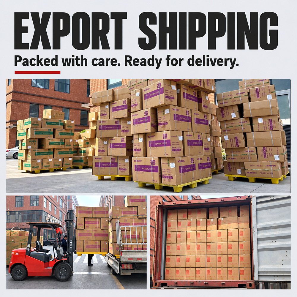 Palletized export cartons loaded by forklift into a shipping container