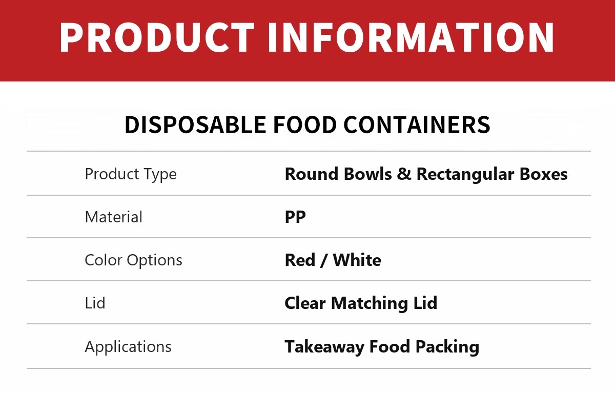 Product information table for red and white PP takeaway bowls and containers