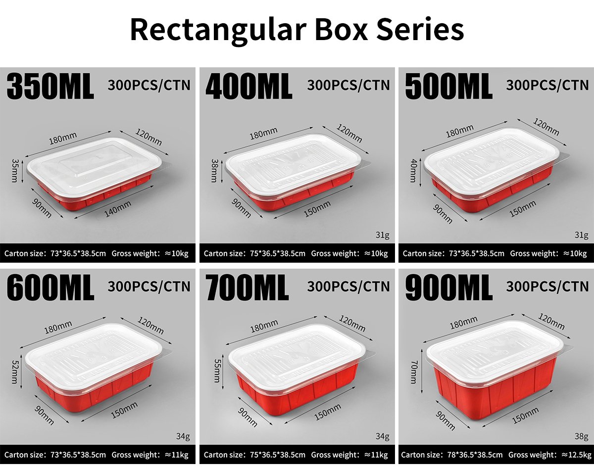 Specifications of red rectangular PP boxes from 350 to 900 ml