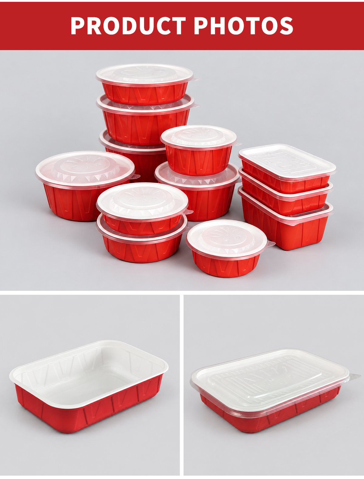 Red and white round bowls and rectangular boxes with clear lids