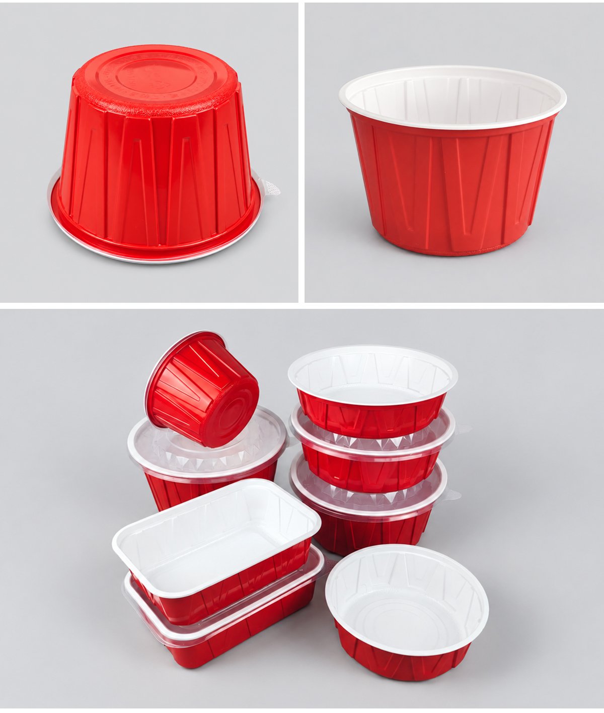 Red bowl with white interior, upside-down view and assorted containers
