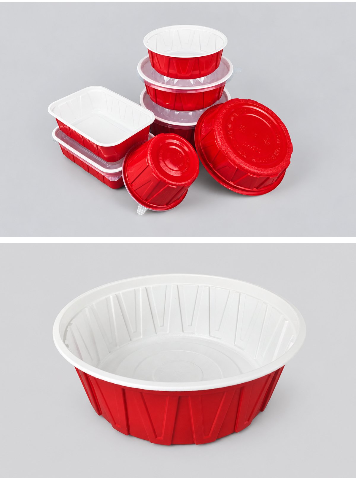 Assorted red and white containers and a wide round bowl