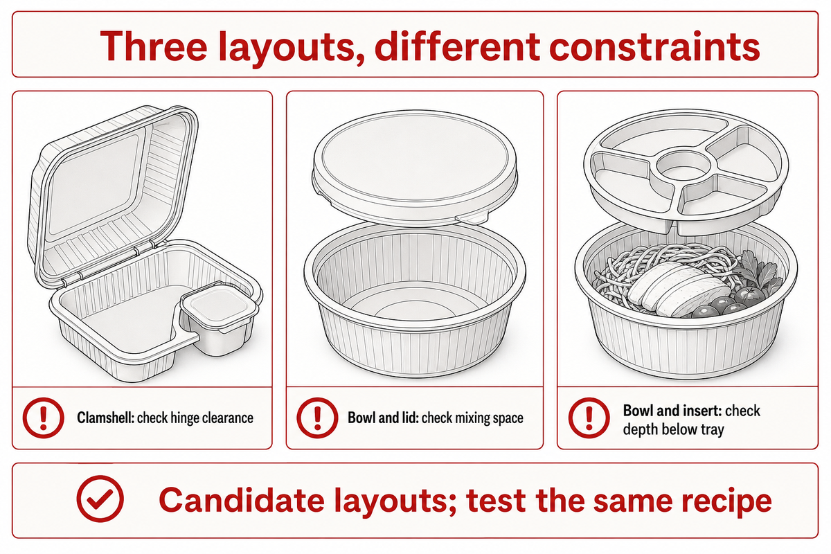 Clamshell, bowl and insert layouts need different clearance checks; editorial assembly map.