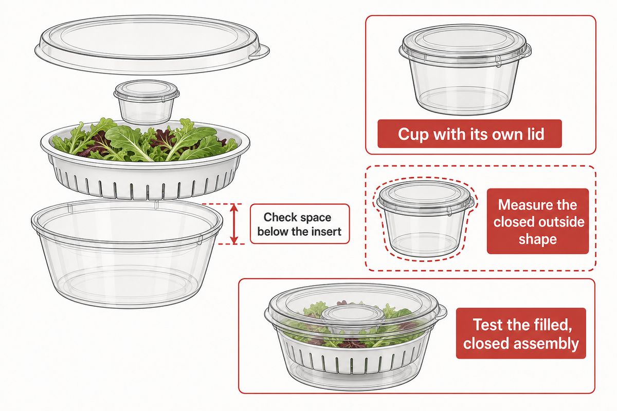 A closed cup and insert occupy space beyond nominal capacity; editorial assembly example.