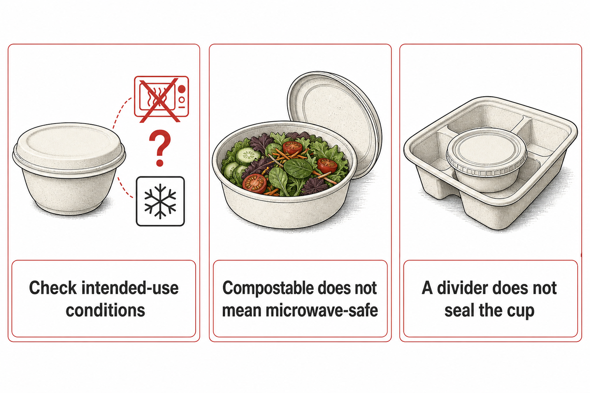 Compostability, bowl capacity and divider design answer different questions; buyer FAQ summary.