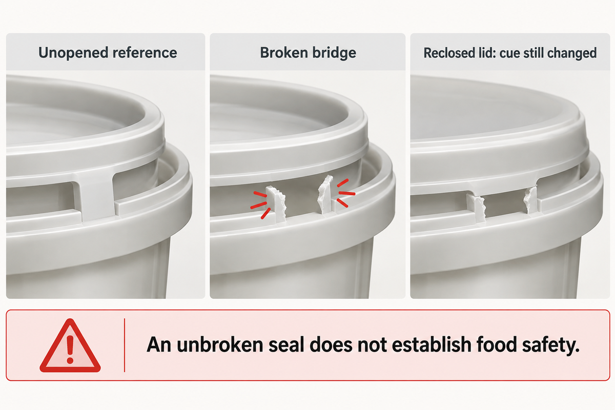 An opening cue can remain changed after reclosure; an intact seal does not establish food safety, per FDA guidance.