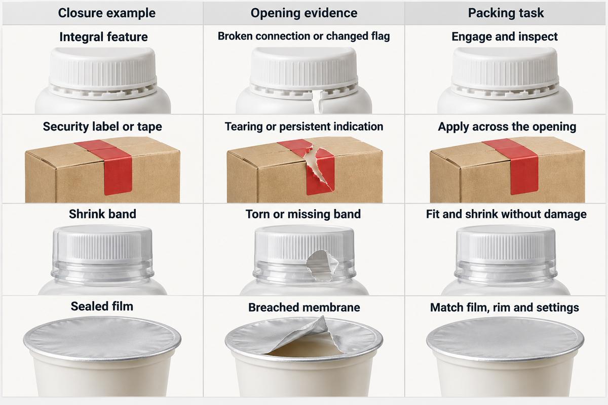 Four closure families produce different opening cues and packing tasks; verify the actual model.