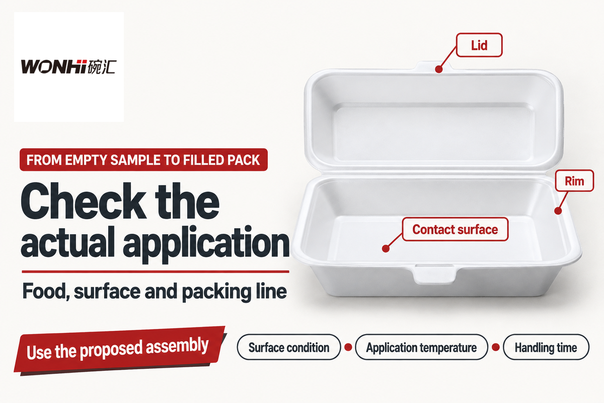 Check the filled pack, surface condition, application temperature and handling time; label guidance is conditional.