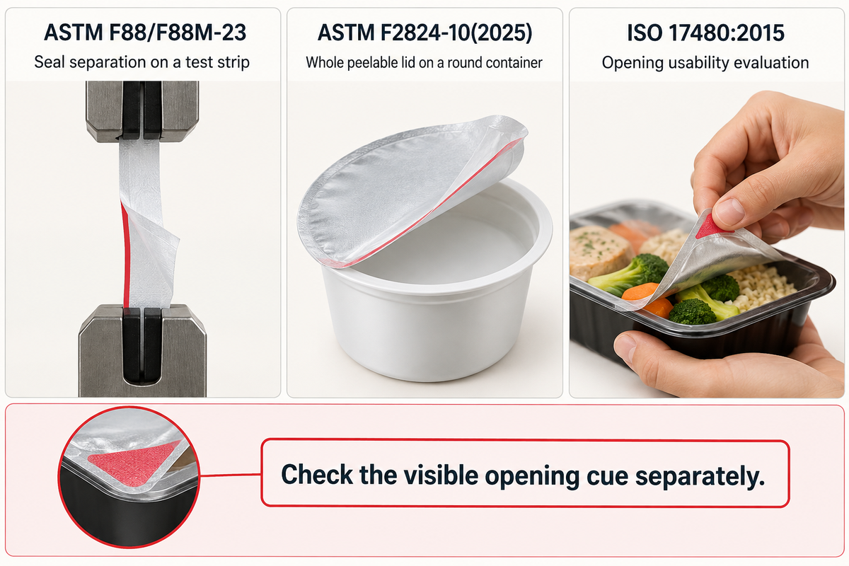 ASTM F88 tests a seal strip, F2824 a round-container lid, and ISO 17480 addresses opening usability.