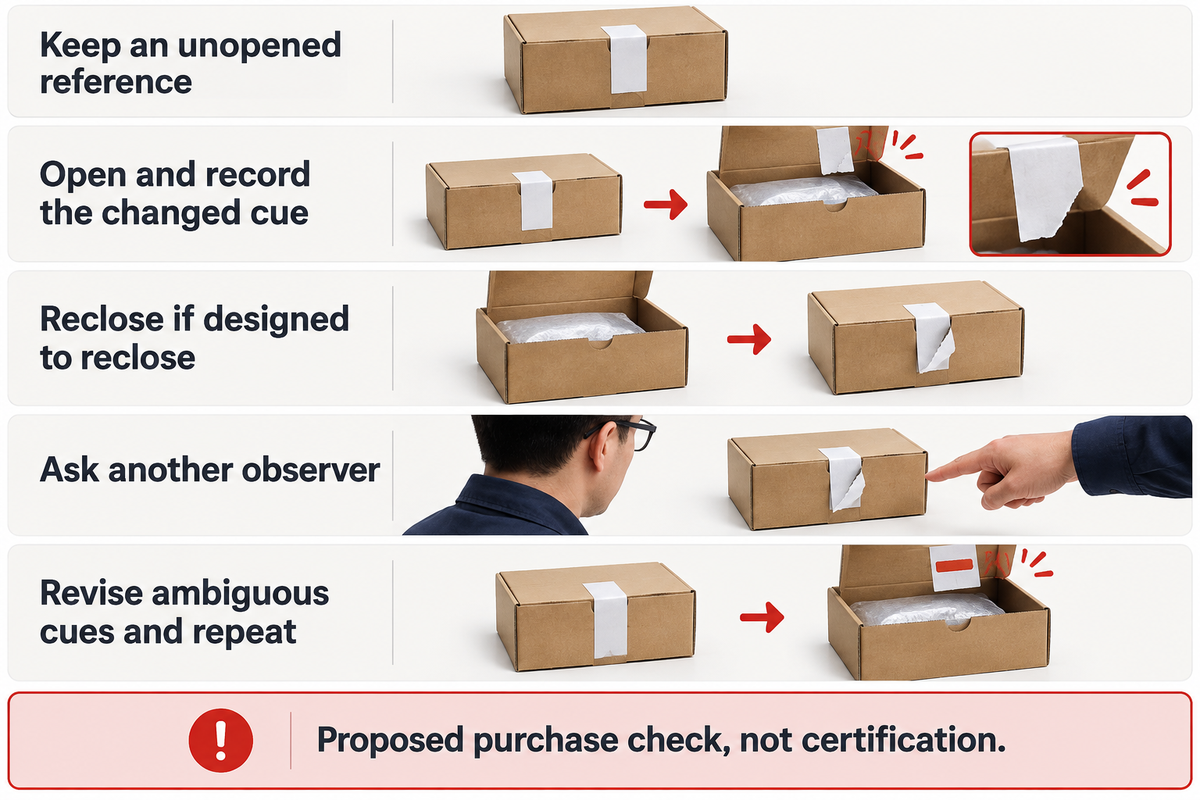 Proposed First-Opening Check compares unopened, opened and reclosed samples, then asks another observer to identify change.