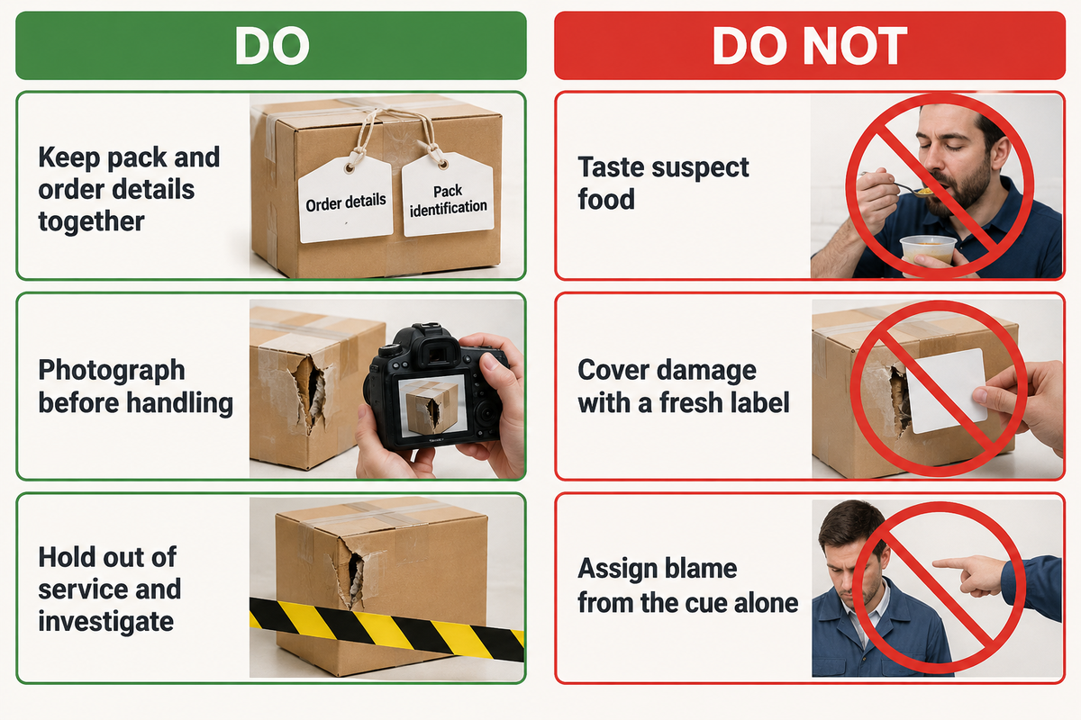 Hold suspect packs, preserve order details and photograph damage; do not taste food or conceal damage, per FDA guidance.