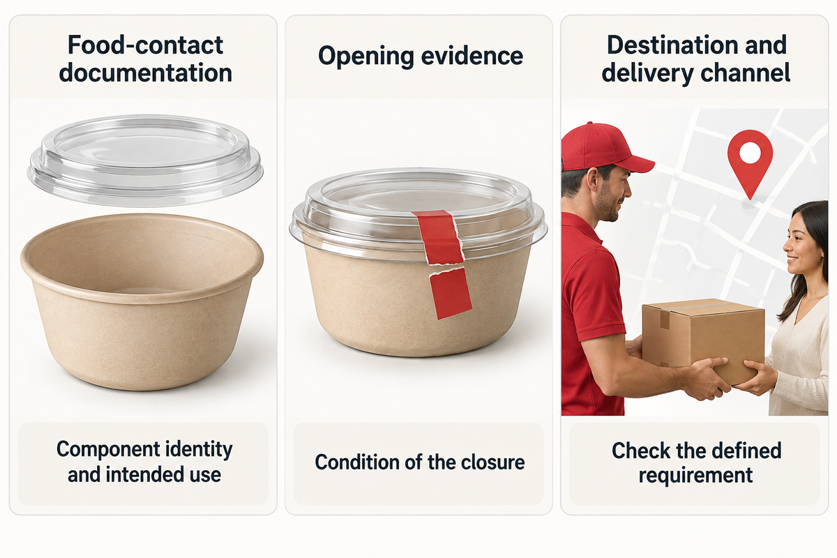 Food-contact scope, visible opening evidence and destination-specific delivery requirements answer different questions.